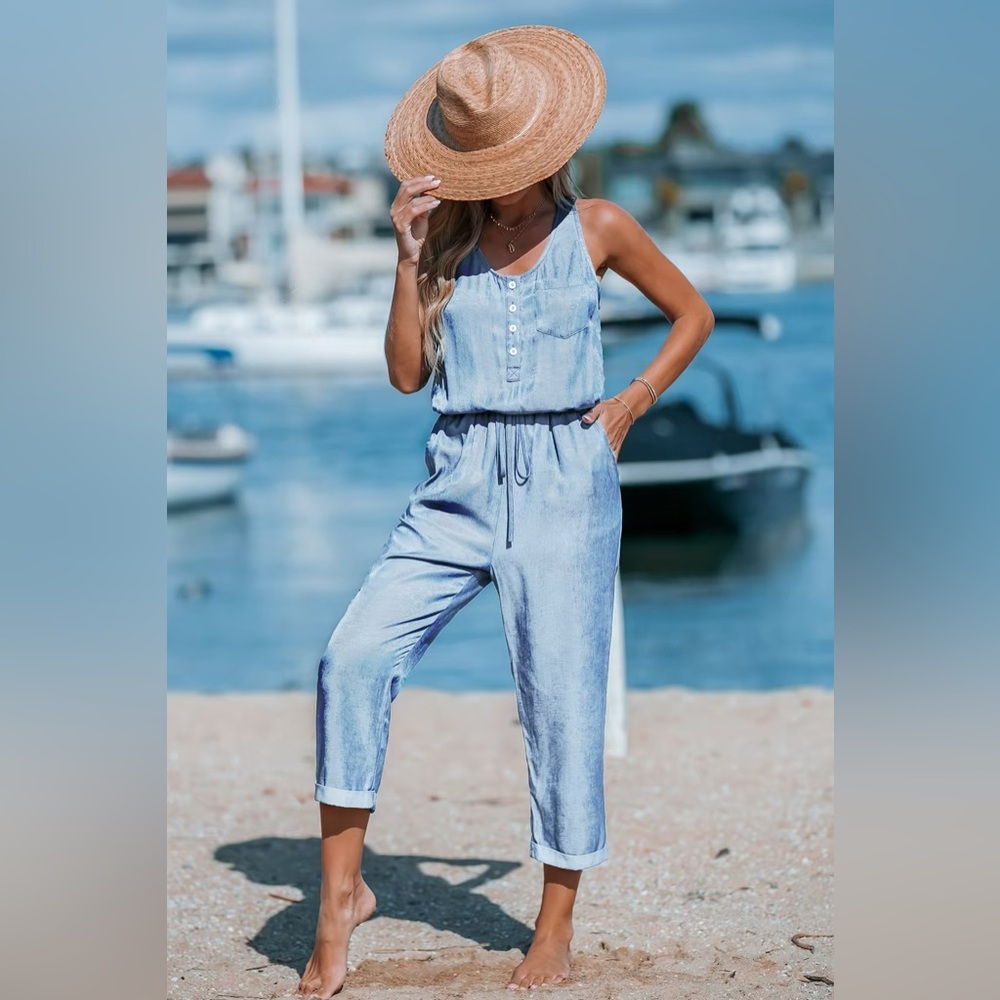 Cupshe Light Blue Chambray Sleeveless Jumpsuit